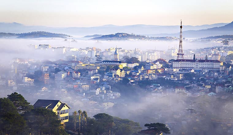 Scenic village or street view from Da Lat in Vietnam's Central Highlands, showing typical architecture and landscape of this mountain town.