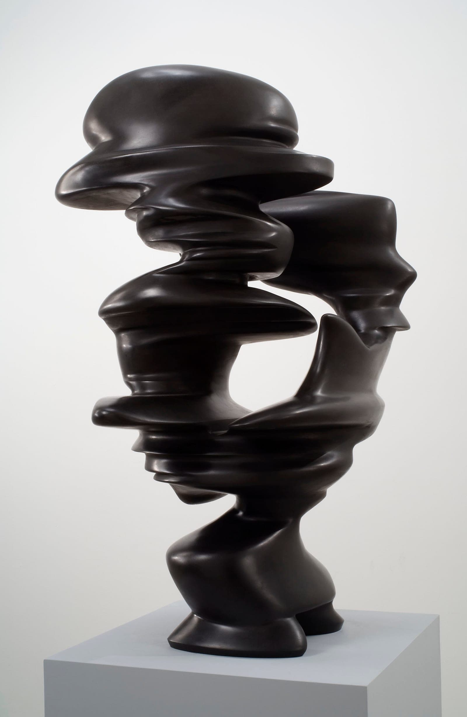 Abstract black sculpture with stacked organic forms and smooth surfaces, displayed on a white pedestal against a neutral gray background.