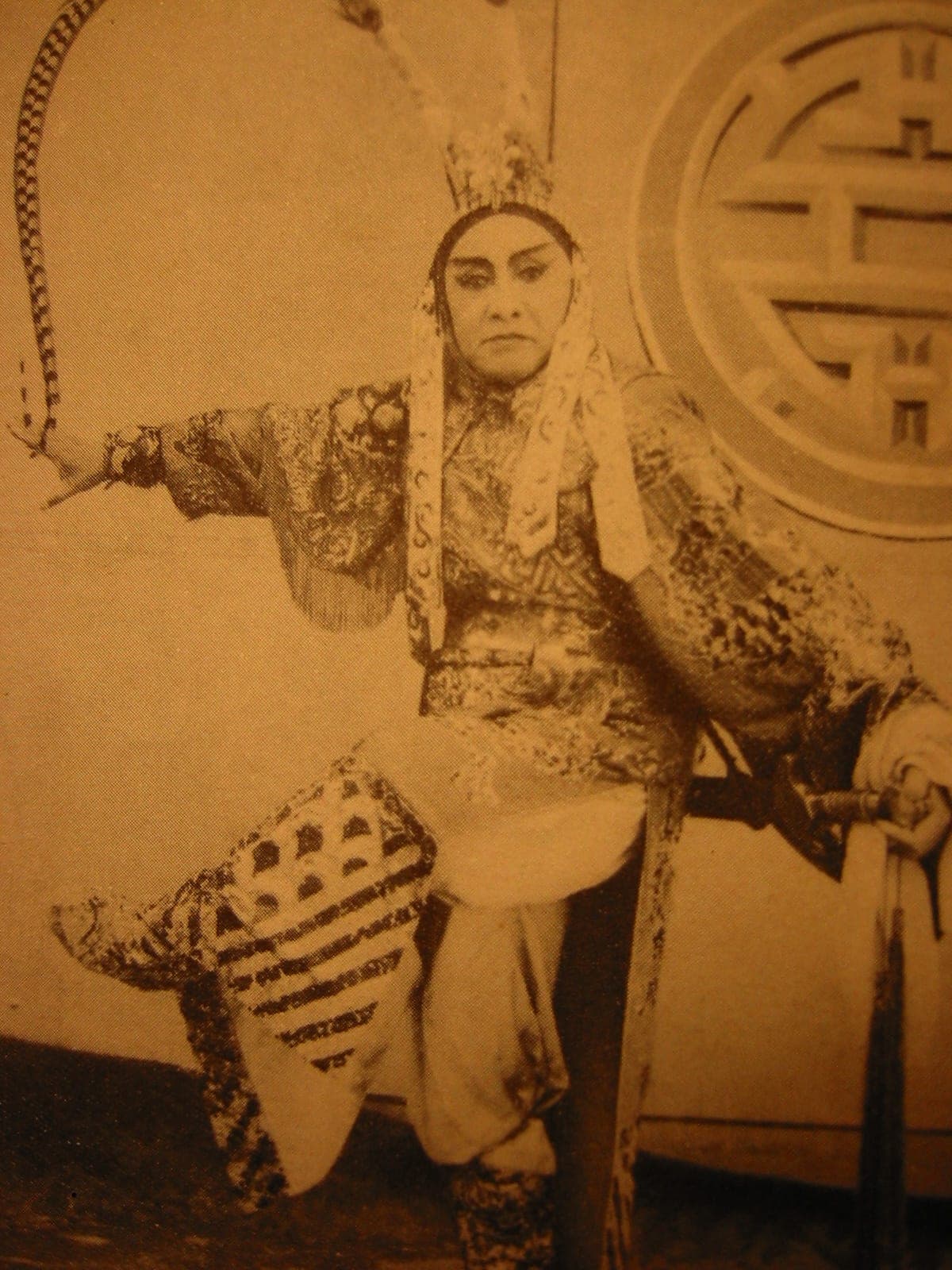 A Vietnamese classical opera performer in traditional costume wearing ornate crown, elaborate embroidered robes, and stylized face makeup, holding a theatrical prop.