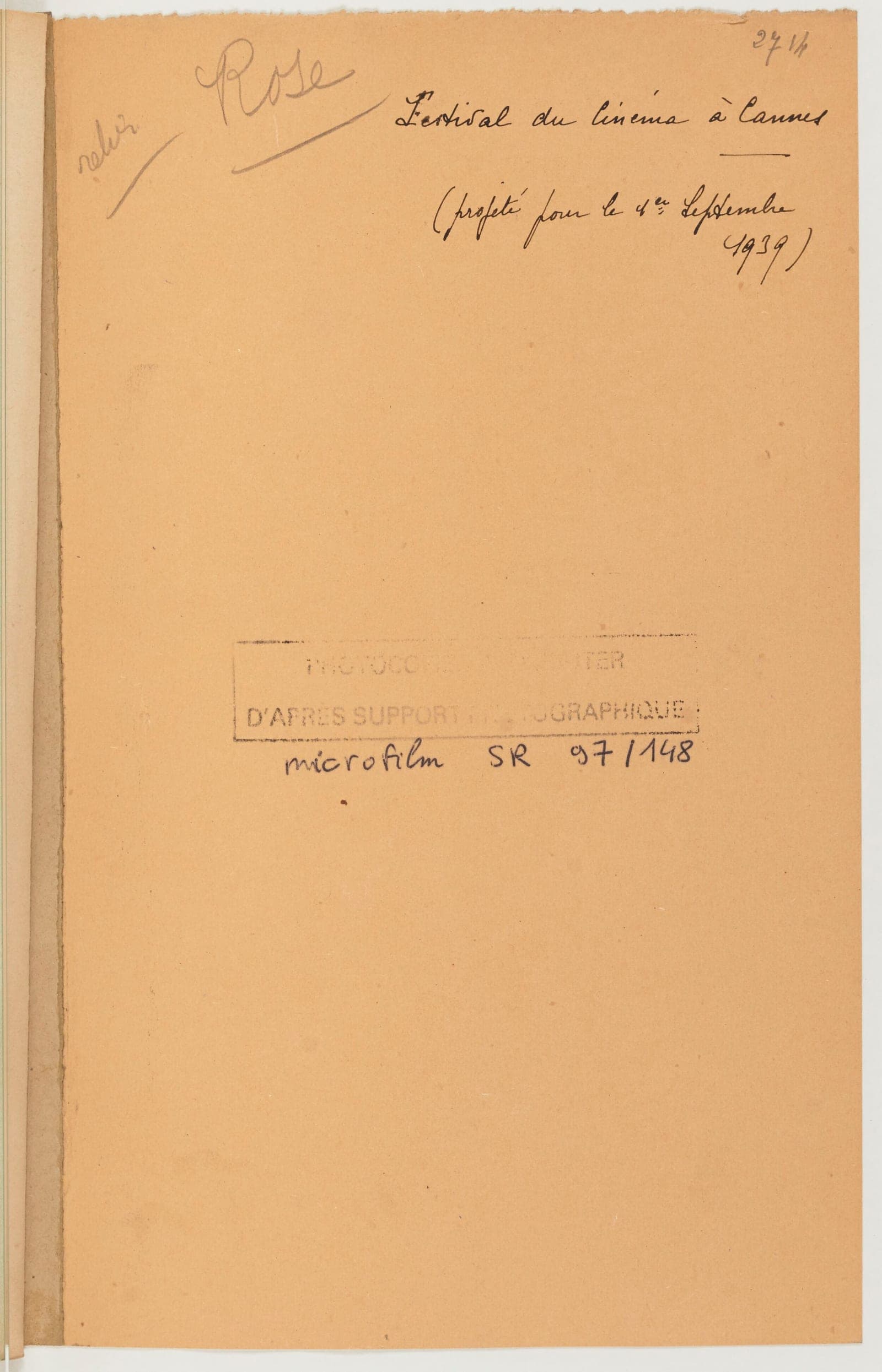 Aged archival document cover with handwritten French text from the Cannes Film Festival collection, marked with institutional reference and microfilm metadata.