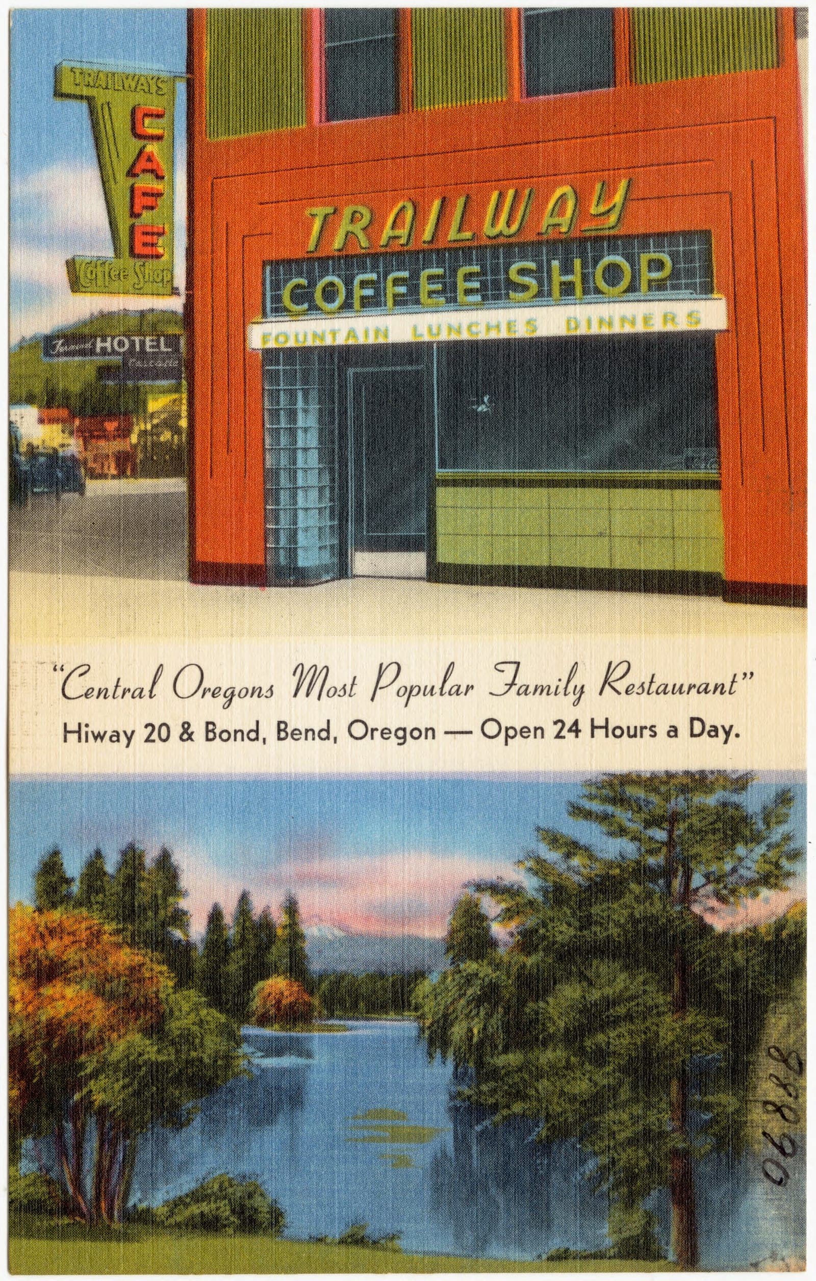 Vintage interior of a traditional coffee shop with counter seating and period furnishings, circa mid-20th century