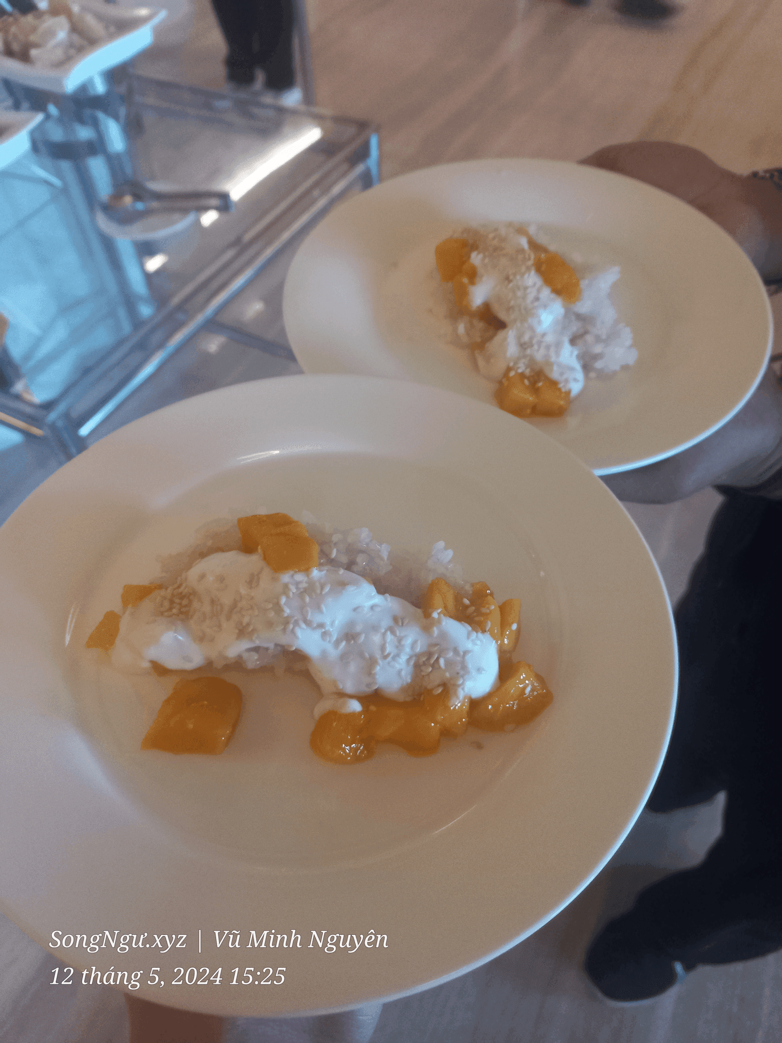 Two bowls of mango sticky rice served together, topped with fresh mango slices and creamy coconut