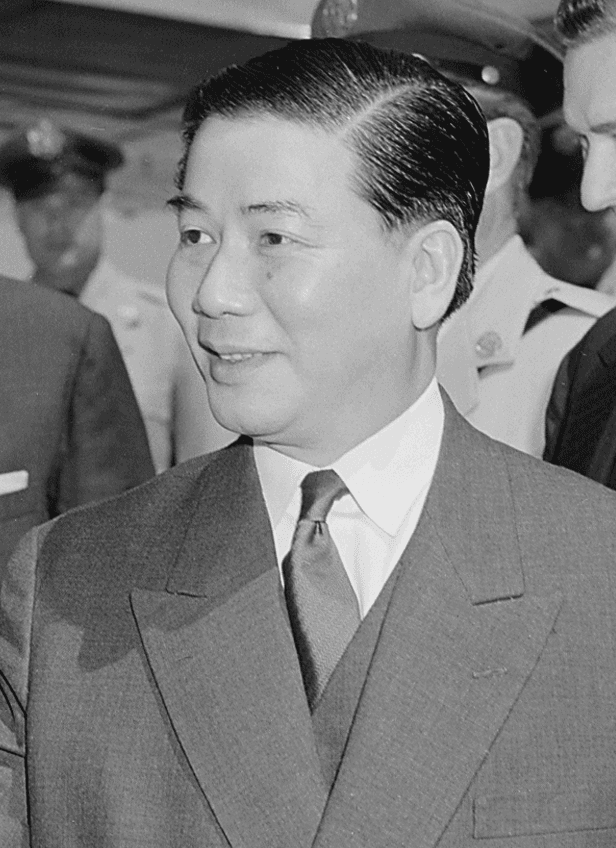 Black and white portrait photograph of Ngô Đình Diệm in formal uniform, historical archival photograph from United States Department of Defense.
