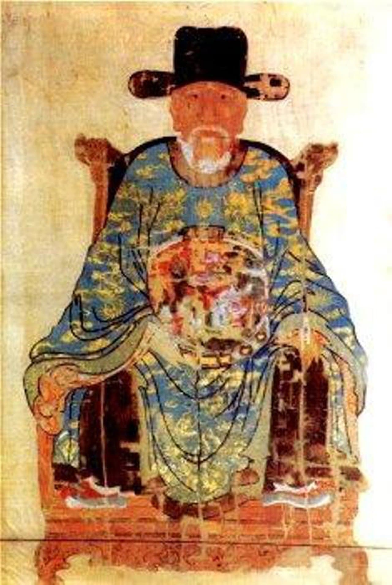 A formal historical portrait of a figure dressed in traditional Vietnamese fifteenth-century court attire and ceremonial regalia.
