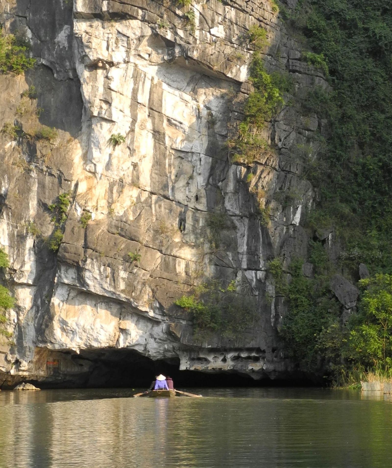 Limestone karst formations rising above a calm river in Tam Coc, Ninh Binh Province